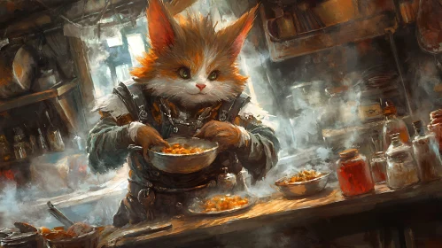 Anthropomorphic Cat Cooking a Meal