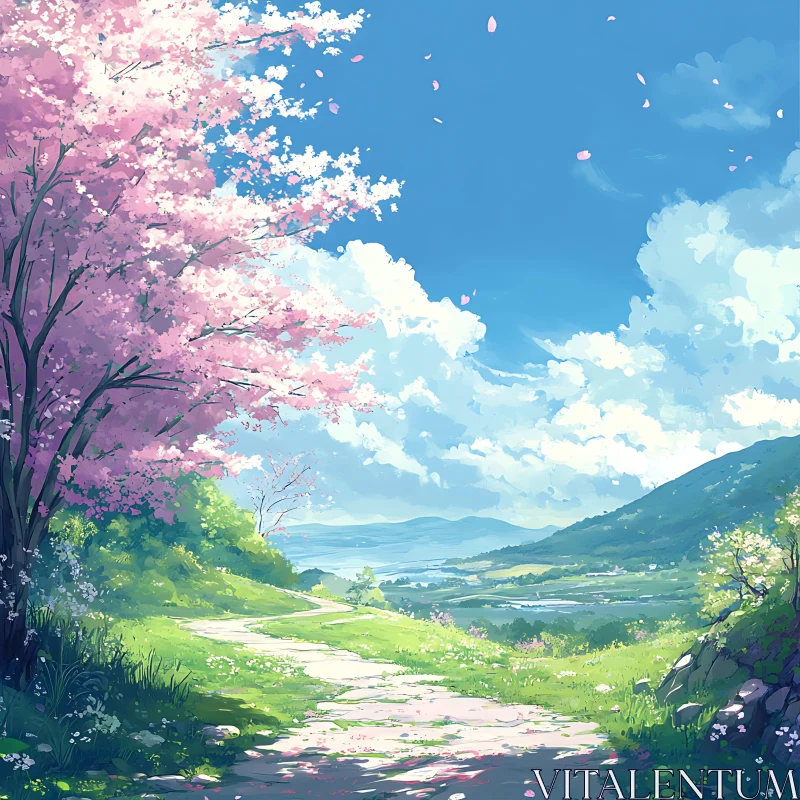 Tranquil Countryside Scene with Blossoming Tree and Blue Sky AI Image