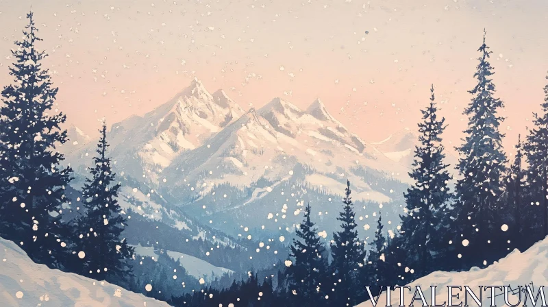 Snowy Peaks and Evergreen Forest Art AI Image