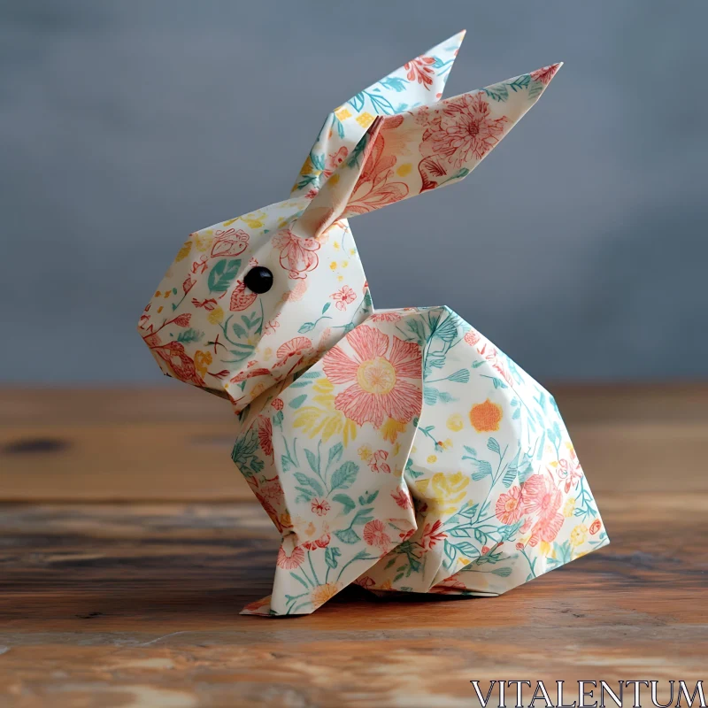 Floral Origami Rabbit on Wood AI Image