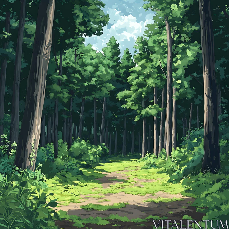 AI ART Serene Woodland Path with Tall Trees and Sunlight