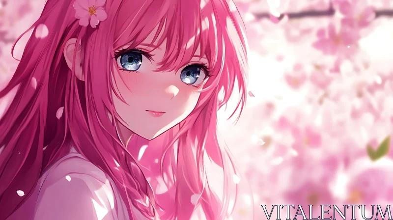 Anime Girl with Pink Hair and Cherry Blossoms AI Image