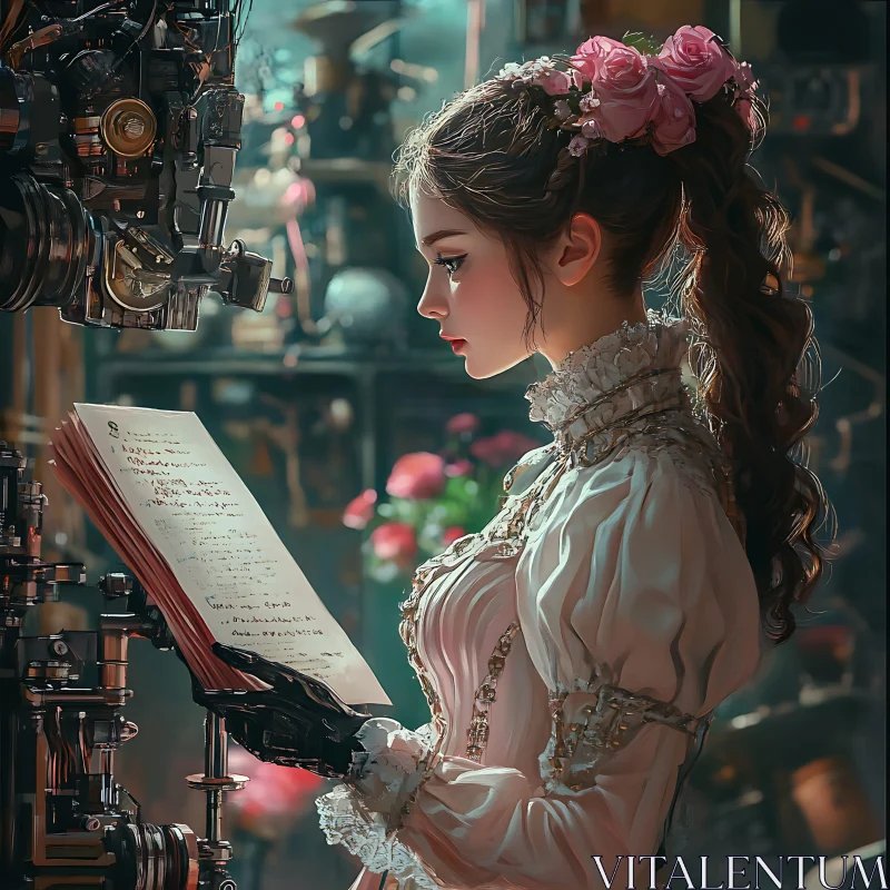 AI ART Woman with Flowers and Steampunk Machine