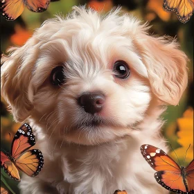 Fluffy Puppy and Butterflies Close-Up