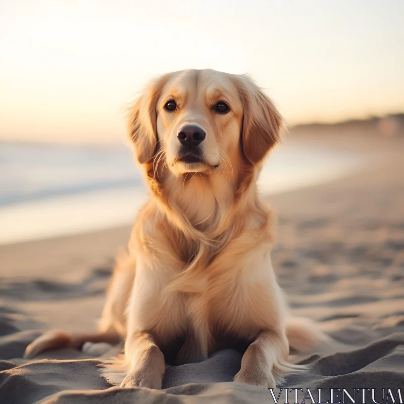 Golden Retriever at Beach Sunset AI Image