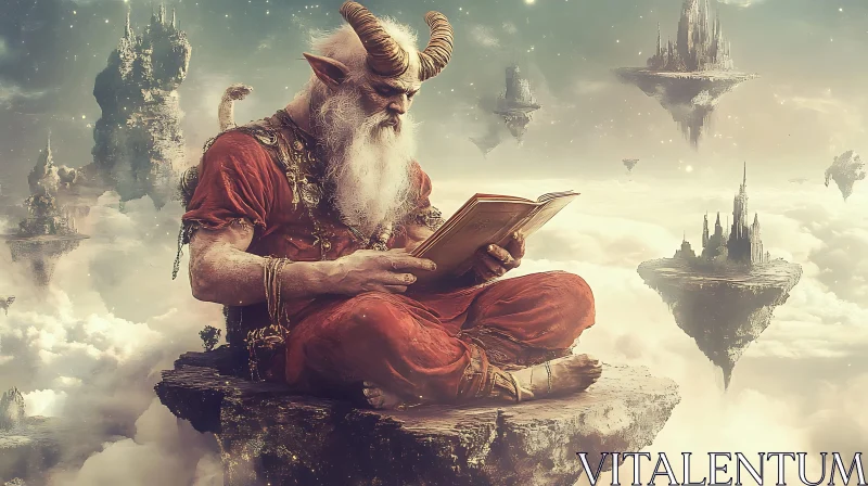 Fantasy Character Reading on Floating Island AI Image