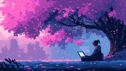 Anime Girl Coding Under Pink Sakura Tree