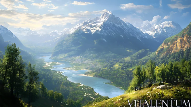 AI ART Serene Mountain Vista with Flowing River