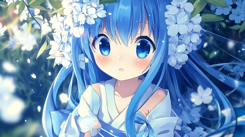 Anime Artwork Featuring Blue-Haired Girl with Flowers