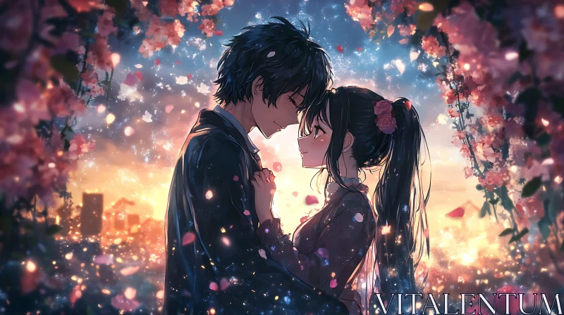 Anime Couple Sharing a Tender Moment at Sunset AI Image