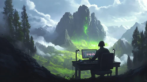 Scenic Mountain Workspace with Sound Waves