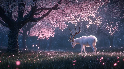 Tranquil Scene with Deer in Blooming Orchard