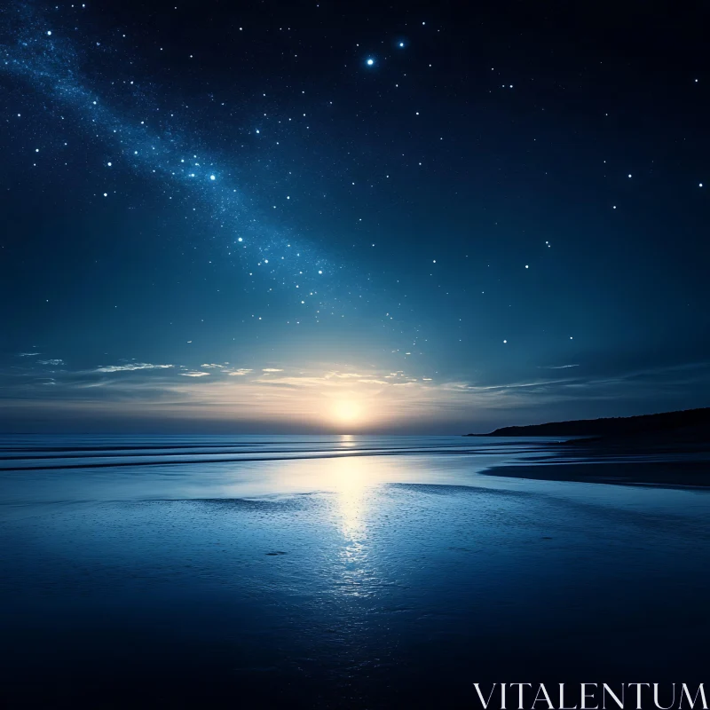 Coastal Sunset with Starry Night Reflection AI Image