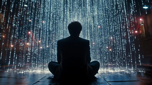 Man Meditating Under Cascading Lights