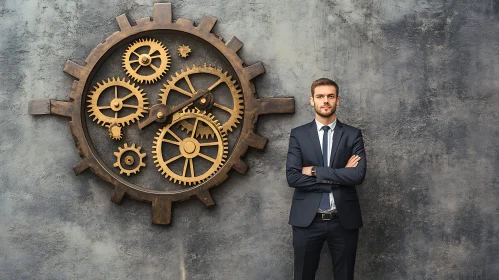 Man in Suit with Mechanical Gears