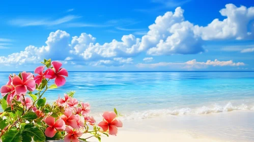 Tropical Beach with Pink Flowers