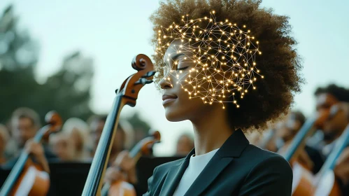 Cellist's Illuminated Performance with Orchestra