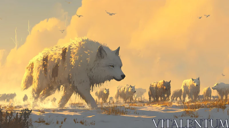 AI ART White Wolves in Snowy Field