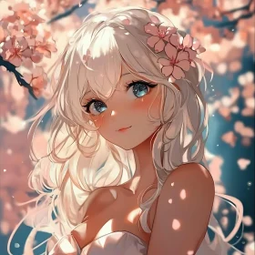 Blonde Anime Girl with Blue Eyes and Pink Flowers