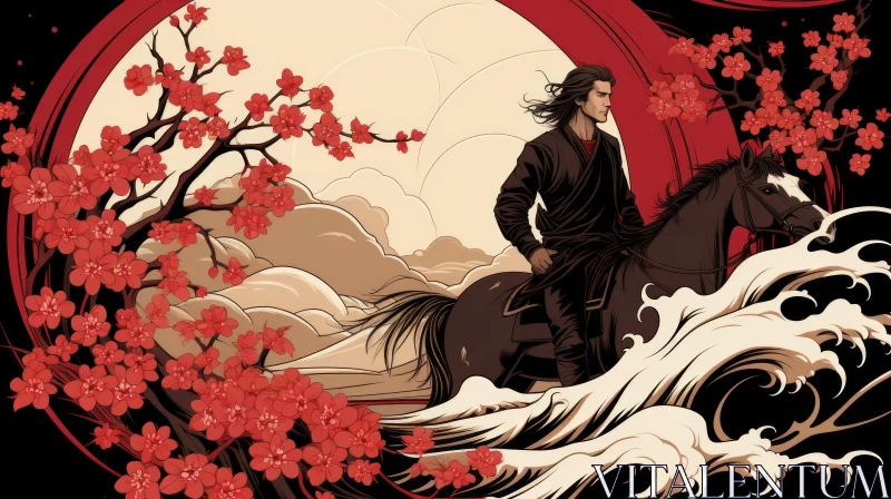Comic Book Art: Man on Horseback Amidst Blossoming Trees AI Image