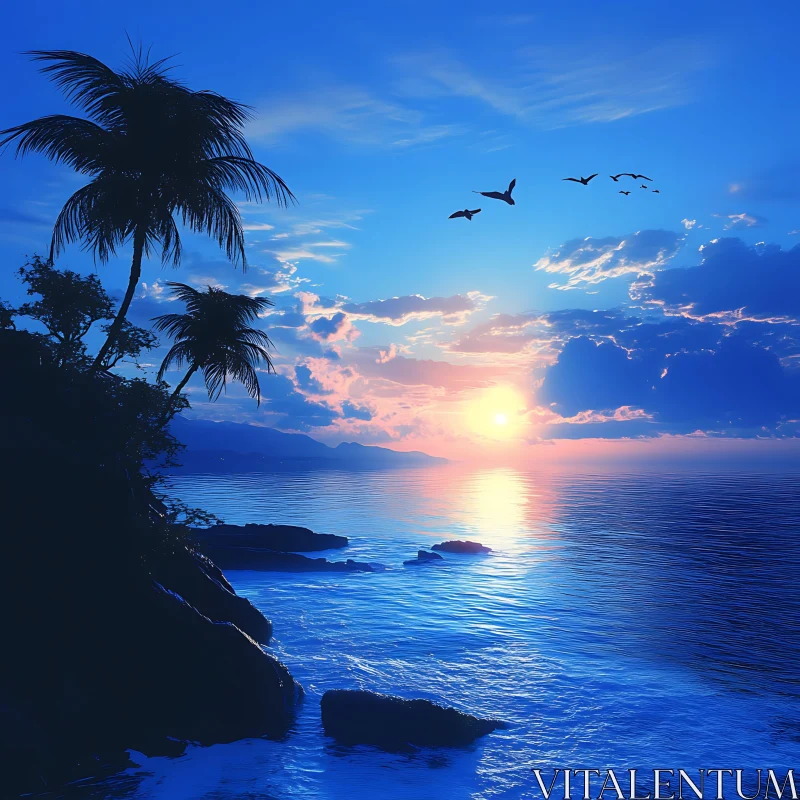 AI ART Tropical Sunset Seascape with Birds