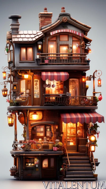 Intricate 3D Rendering of a Japanese House with Glowing Lanterns AI Image