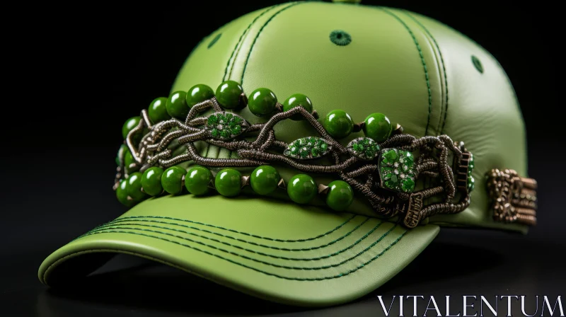 Stylish Green Leather Baseball Cap with Beads and Chain Straps AI Image
