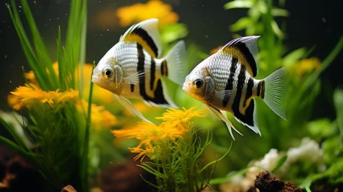 Two Fish Swimming in Aquarium with Striped Arrangements and Yellow Flowers