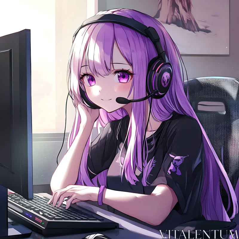 Charming Anime Gamer at Desk AI Image