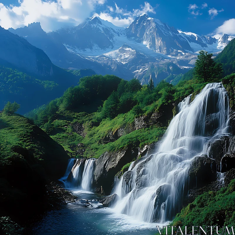 Lush Green Mountain Waterfall Scenery AI Image