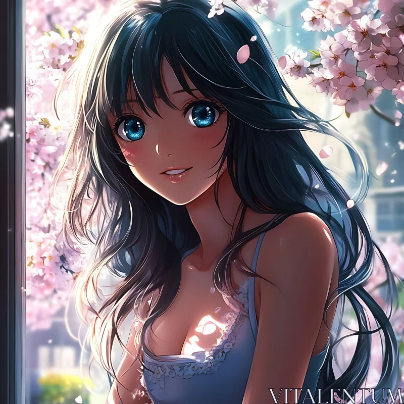 Springtime Anime Girl with Cherry Blossoms AI Image