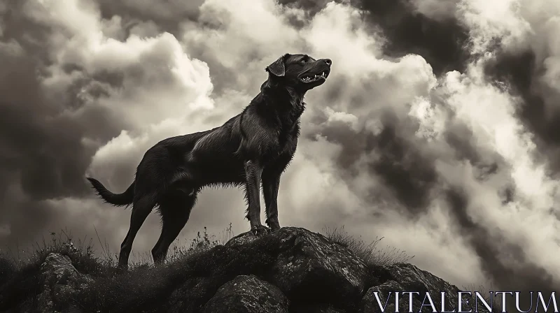 Black Dog Standing on Rocky Hill with Swirling Clouds AI Image