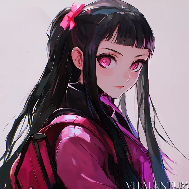 Anime Girl with Pink Eyes and Black Hair AI Image