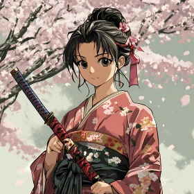 Samurai Girl in Traditional Kimono with Cherry Blossoms