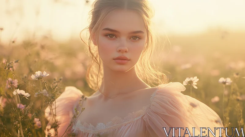 AI ART Young Woman in Field of Wildflowers at Golden Hour