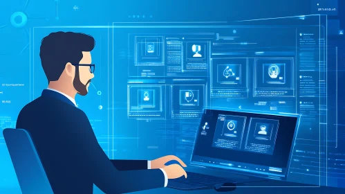 Man working with virtual data interface