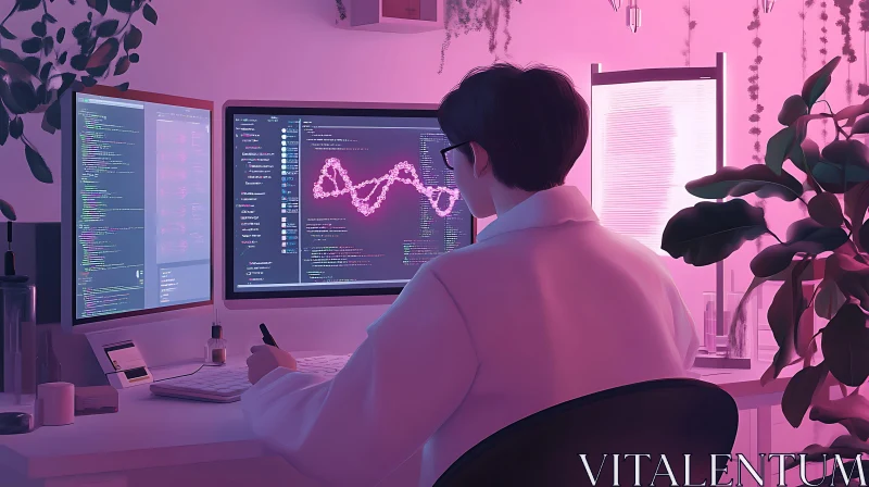 AI ART Programmer in a Pink-Lit Workspace