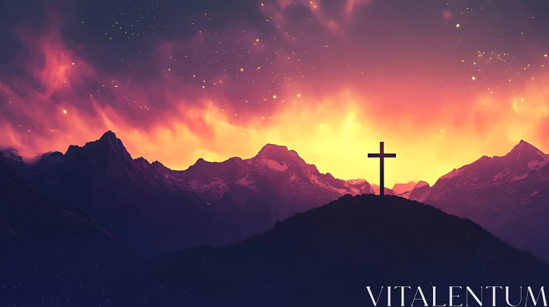 Cross at Sunset over Mountains AI Image