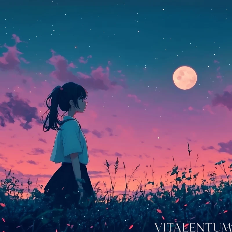 Moonlit Anime Field with Girl AI Image