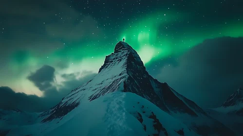 Snowy Mountain Peak with Aurora Borealis