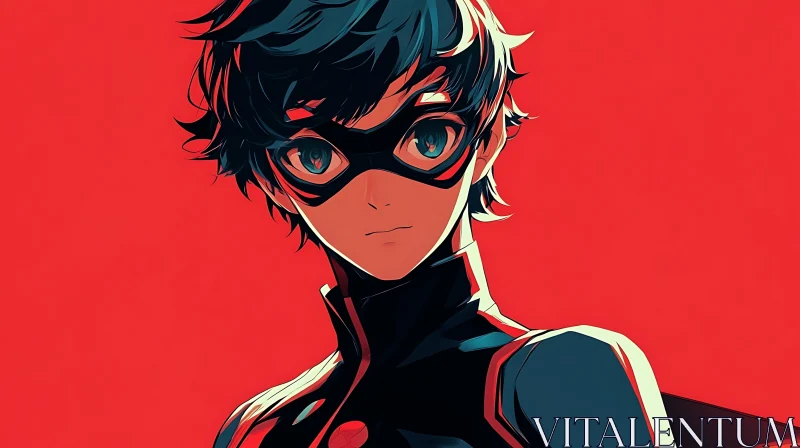 Masked Anime Hero on Red Background AI Image