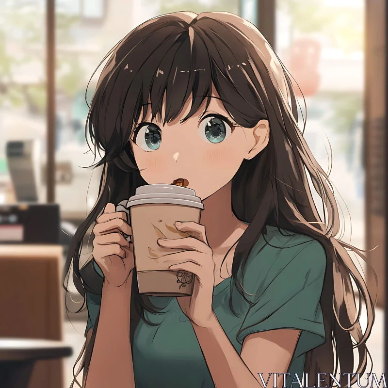 Serene Moment of an Anime Girl Enjoying Coffee AI Image