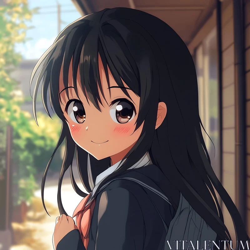 Adorable Anime Schoolgirl in Outdoor Setting AI Image