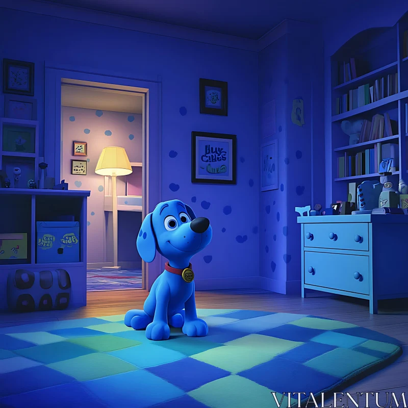 Playful Blue Dog in Animated Children's Room AI Image