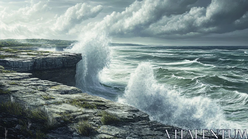 AI ART Wild Ocean: Waves Crashing on Rocky Shore