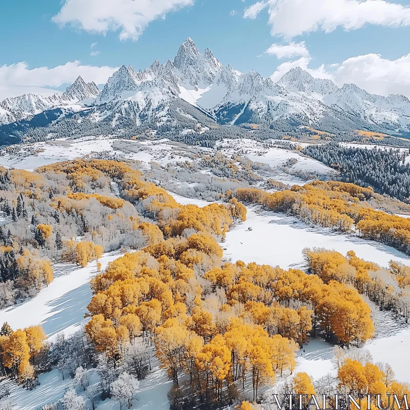 AI ART Winter Mountain Scene with Autumnal Trees