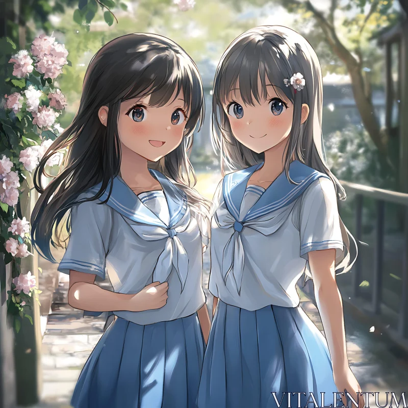 Anime School Girls in a Flower-Lined Path AI Image