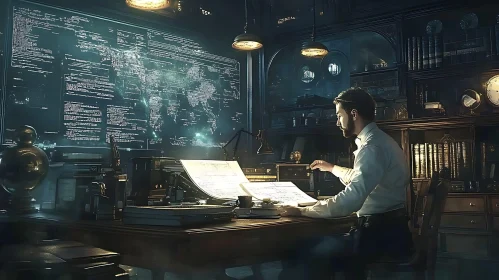 Man Analyzing Data in Vintage Office