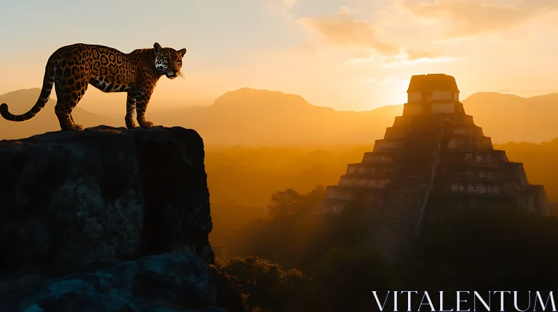 Golden Hour at the Mayan Temple AI Image