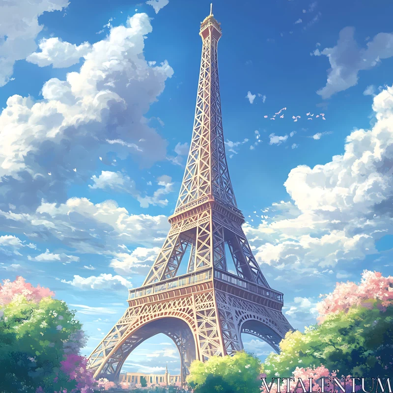 Iconic Eiffel Tower in Spring Setting AI Image